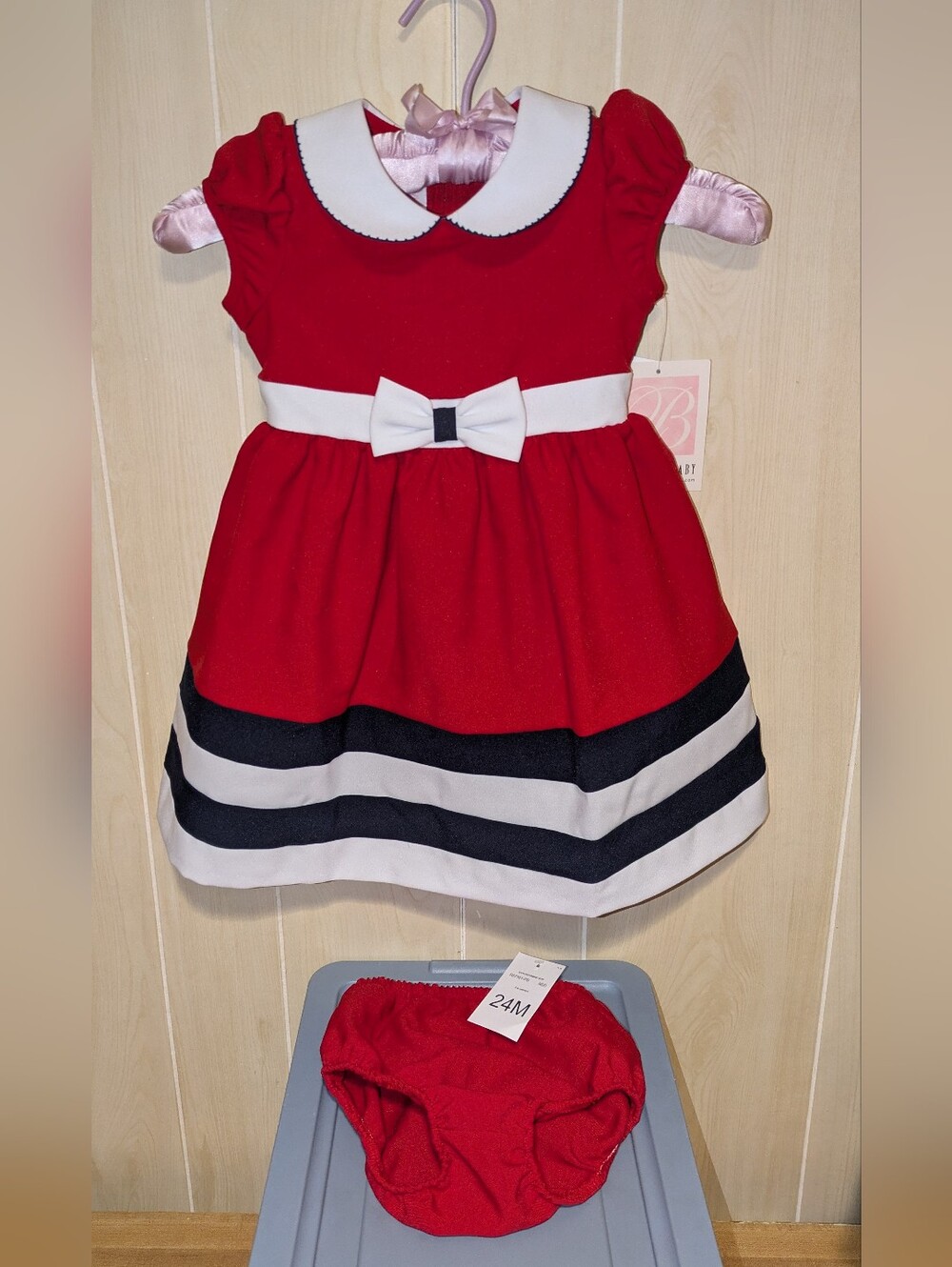 Red & White Peter Pan Collar Nautical Baby Dress with Bow & Diaper Panty NWT
